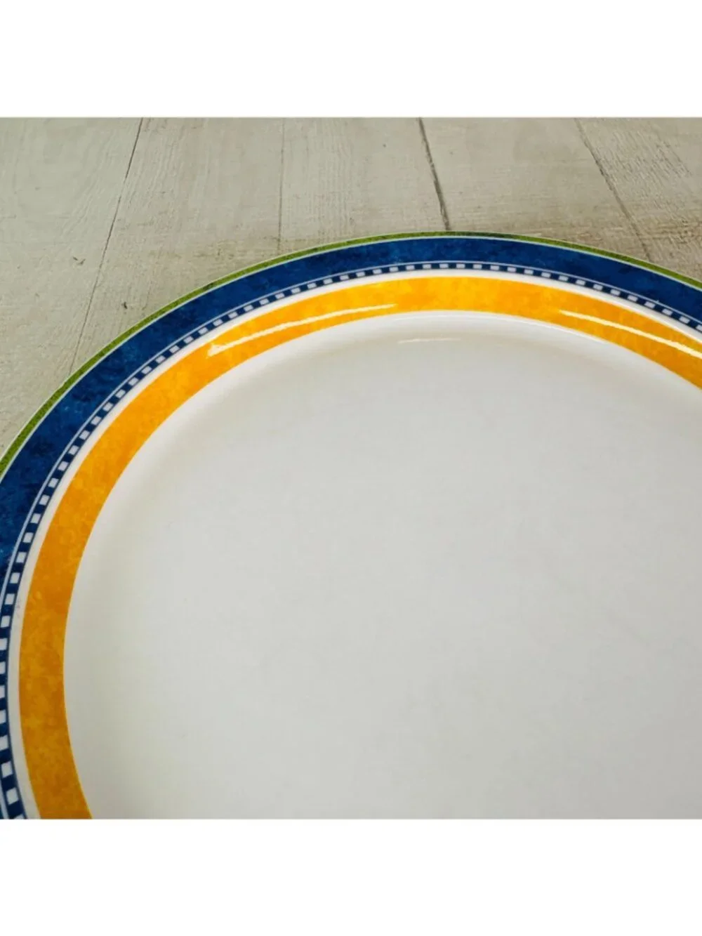 Dansk Bistro KOBENHAVN Blue Yellow Band Smooth Green Trim Dinner Plates Set of 4